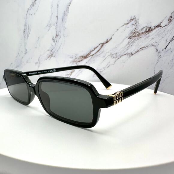 New MIU MIU Sunglasses Black Square Rectangle Acetate Gold Metal Logo Authentic main image 6